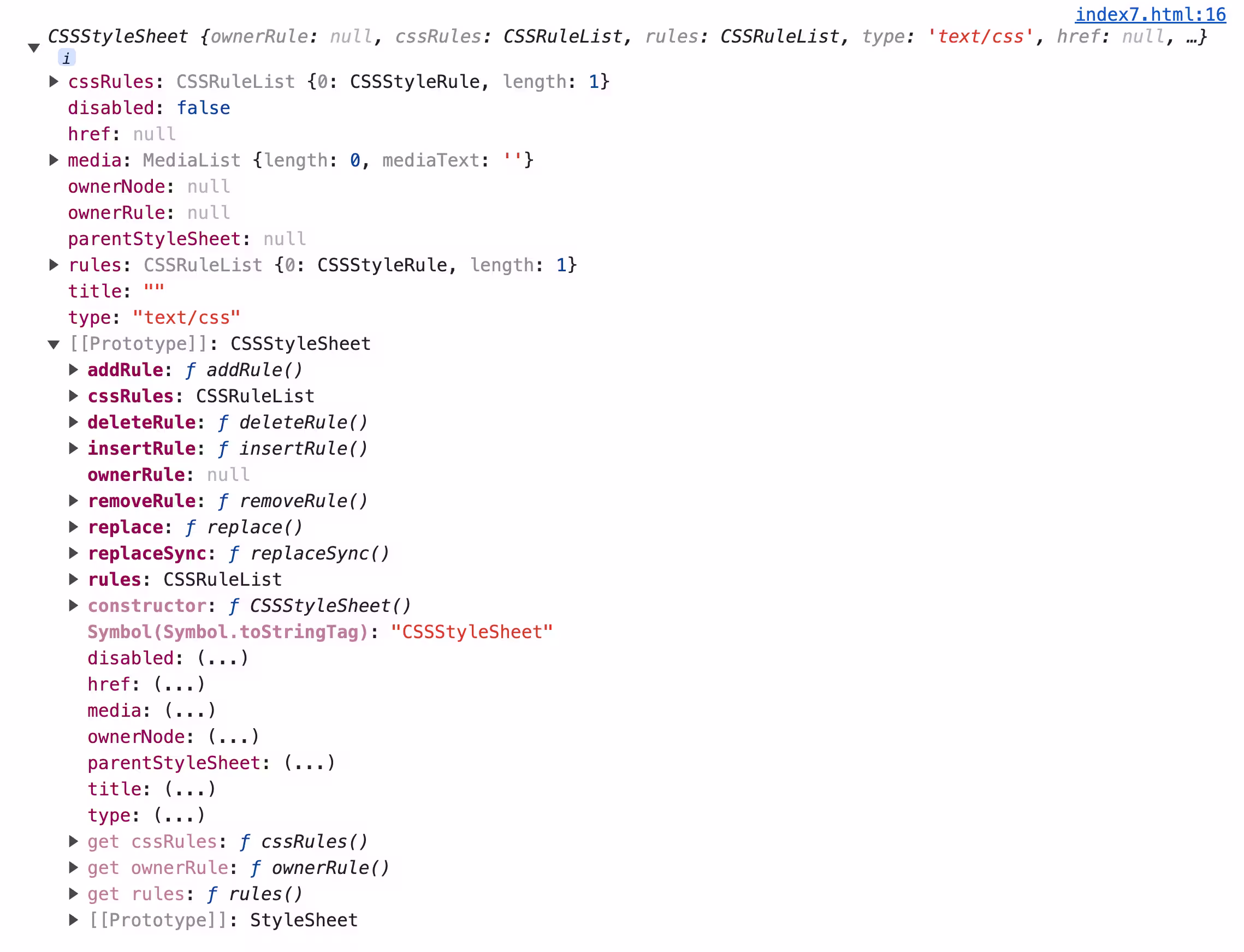 console.log of a CSSStyleSheet